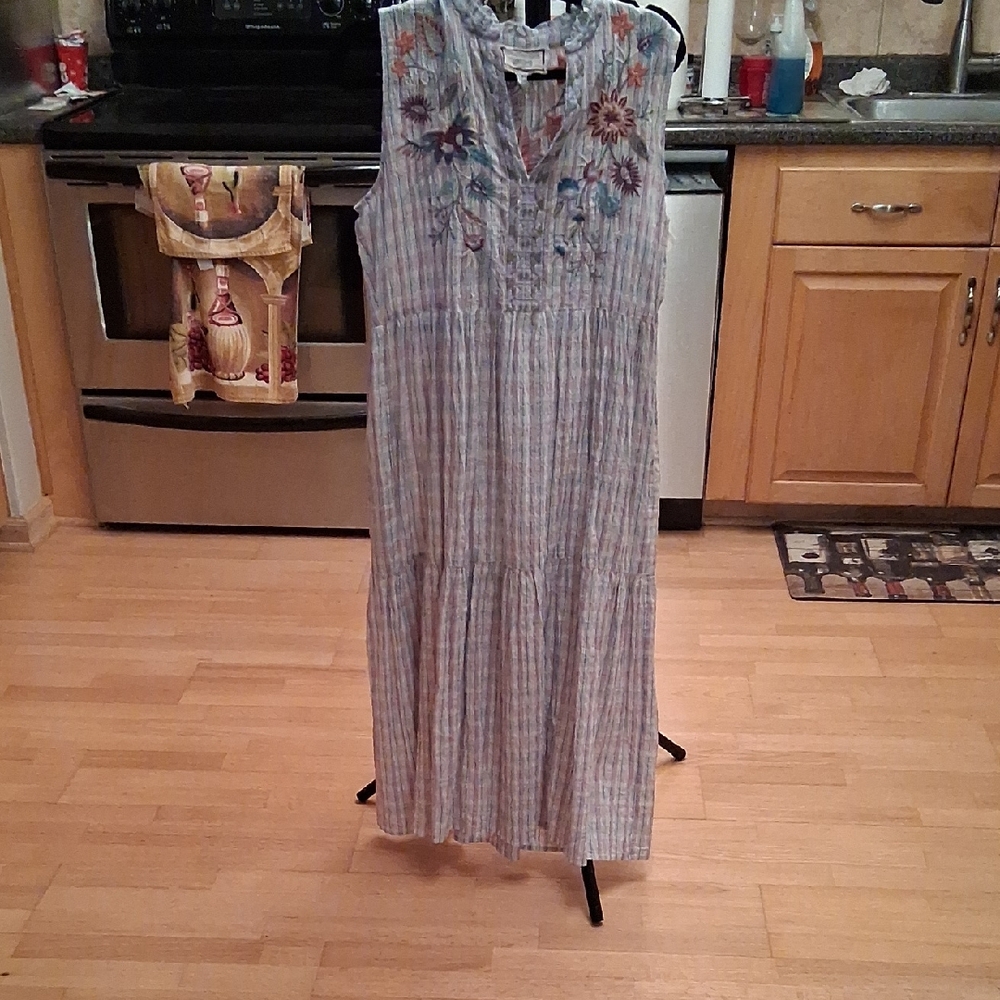 Johnny Was Blue and White Striped Midi Dress